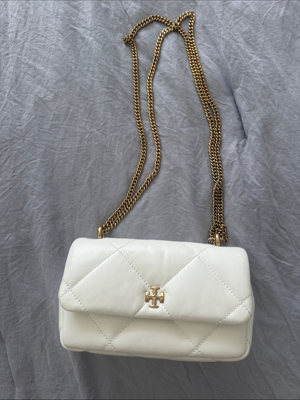 Tory Burch White Quilted Leather Shoulder Bag with Gold Chain
